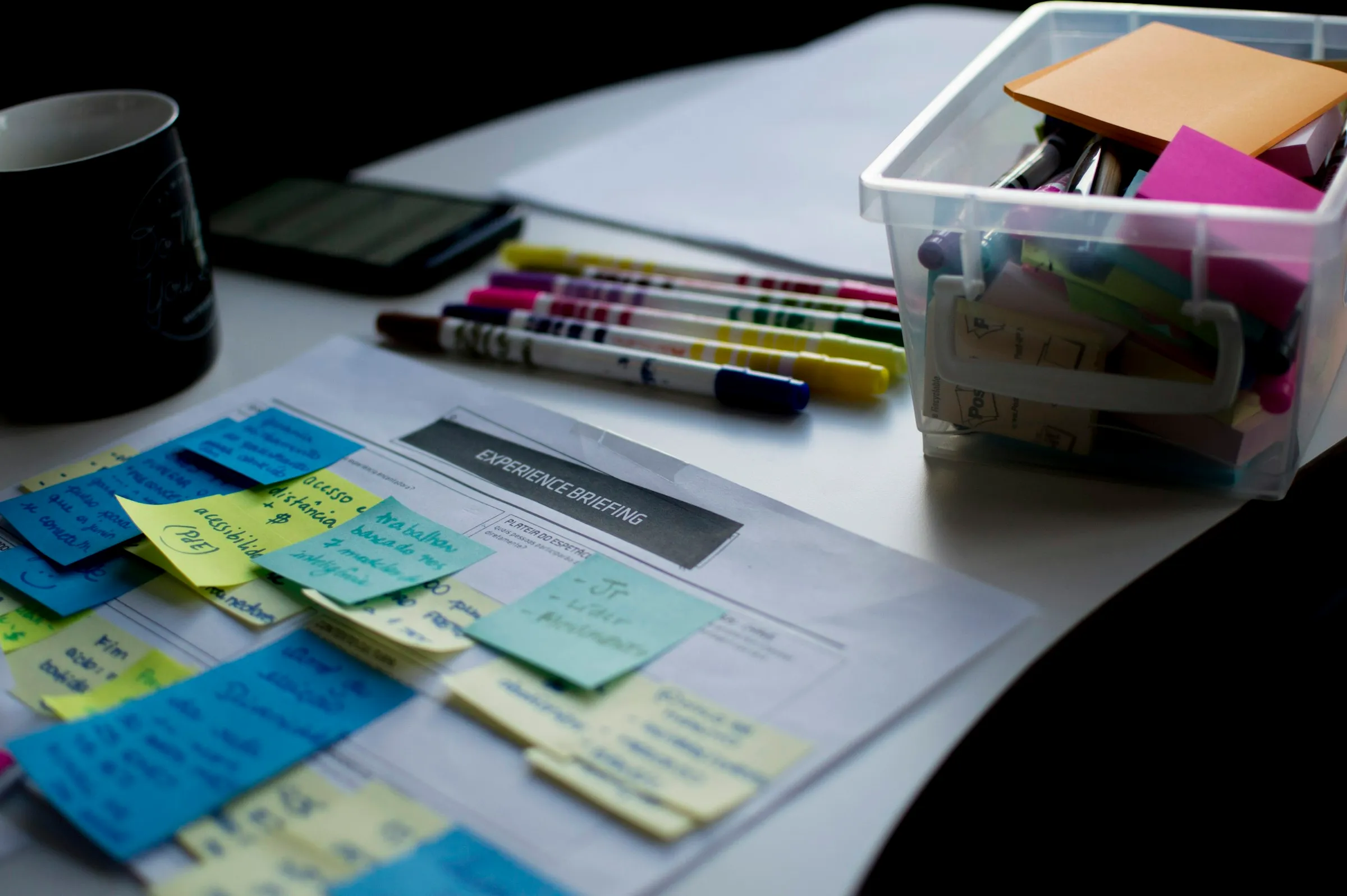 Sticky notes and a printed plan on a desk