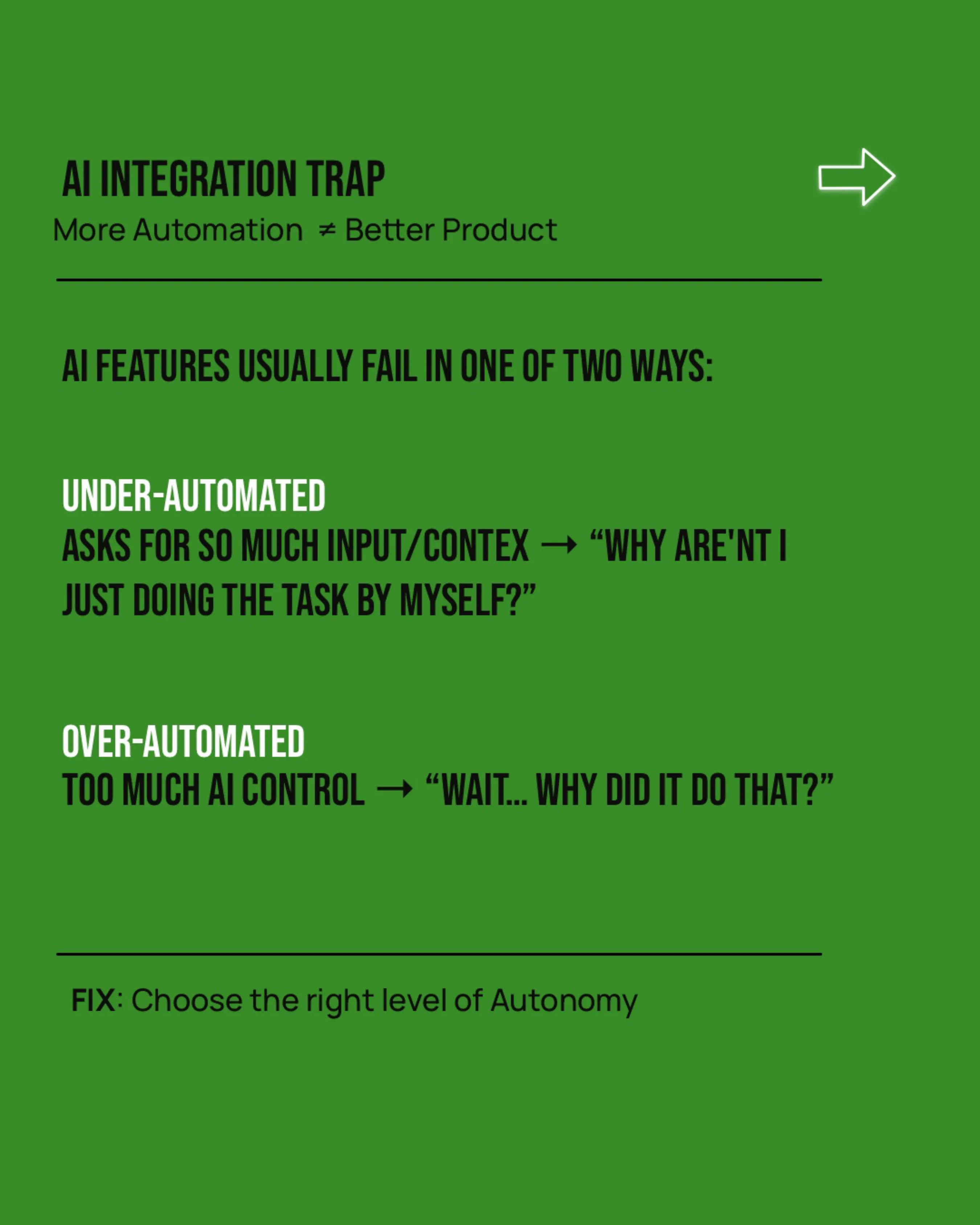Slide: AI integration trap. AI features usually fail in one of two ways: under-automated, asking for so much input that users wonder why they aren’t doing it themselves, or over-automated, taking so much control that users ask why it did that. The fix: choose the right level of autonomy.